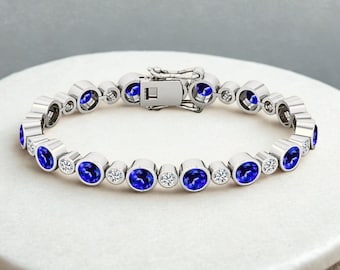 Bracciale tennis con zaffiro blu e moissanite: argento 925, placcato rodio, gioielli da polso