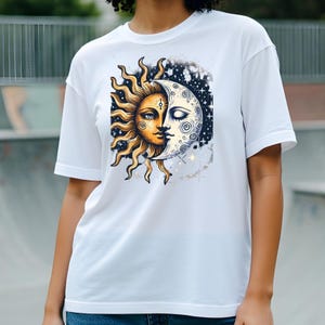 Camiseta extragrande de algodón para mujer con diseño celestial de sol y luna, 220 g/m², cómoda, estampada, colorida, ideal como regalo de cumpleaños.