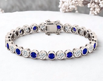 Bracciale tennis con zaffiro blu e moissanite: argento 925, placcato rodio, gioielli da polso