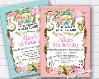 Alice in wonderland, girl birthday, wonderland birthday, alice party, wonderland party, mad hatter party, alice tea party, card 961