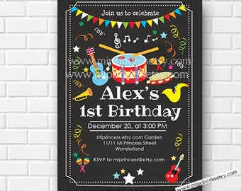 drum music party kids birthday invitation guitar boy birthday girl birthday musical instruments   card 564