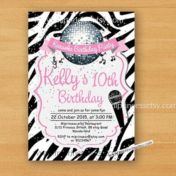 Karaoke invitation, kid music invite, girl birthday party , zebra theme disco party  Karaoke dance party teen birthday  rock star,  634