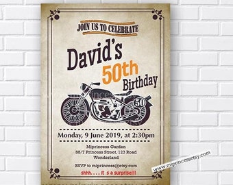 motorcycle invitation men birthday party invitation, bike motorbike chalkboard birthday invite for any age 30th 40th 45th 50th 60th ,  668