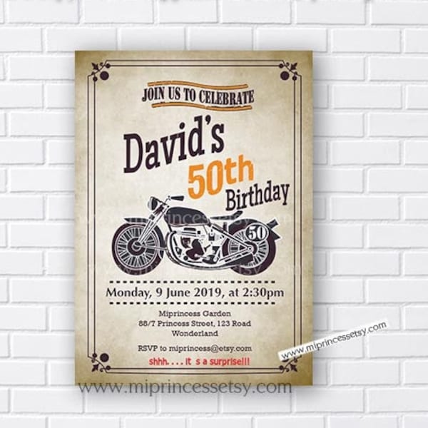 motorcycle invitation men birthday party invitation, bike motorbike chalkboard birthday invite for any age 30th 40th 45th 50th 60th ,  668