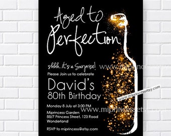 Aged to Perfection wine invitation adult birthday party glitter elegant invitation any age 30th 50th 45th 60th 80th 90 40th card 350