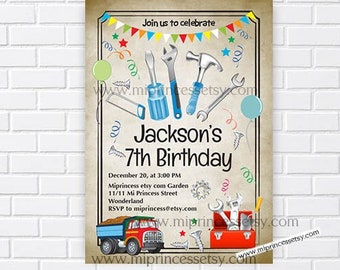 Tools invitation, boy birthday party invite, Tool Party, construction tool box tools hammer truck  boy first birthday  , card 834