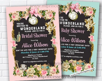 Alice in wonderland invitation Baby Shower Bridal Shower mad hatter party Alice tea party invitation baby girl,  card 844