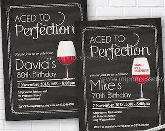 wine invitation, adult birthday party, Aged to Perfection invite, red wine party chalkboard cheers  invite for any age 40th 60th 50th, 197