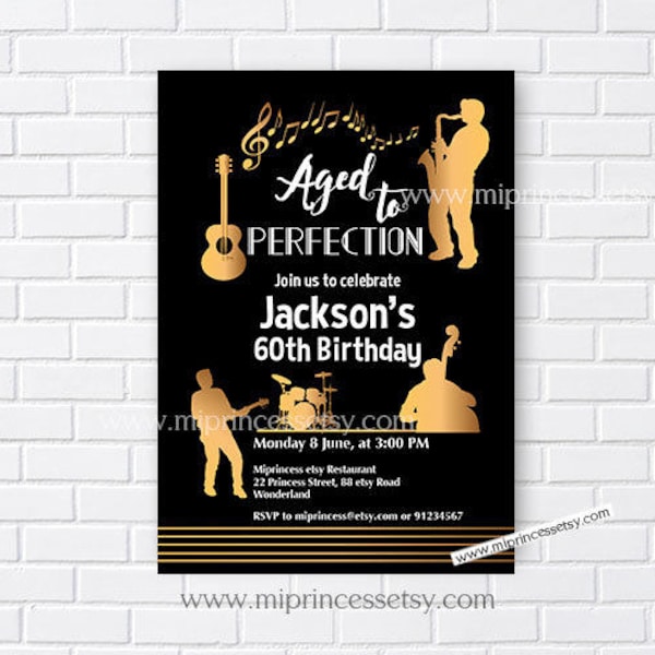 Jazz party invite, adult music birthday invitation, aged to perfection jazz music party invitation any age  30th 40th 45th 50th  card 861
