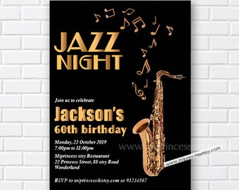 Jazz party invite, adult birthday invitation, saxophone invite,  jazz night music invitation adult birthday party , card 678