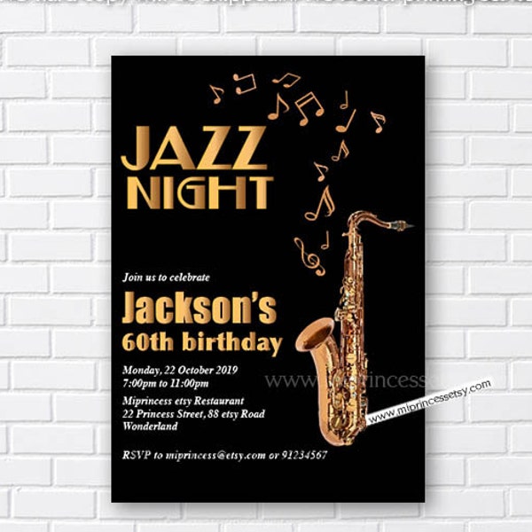 Jazz party invite, adult birthday invitation, saxophone invite,  jazz night music invitation adult birthday party , card 678