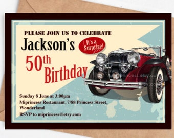 antique car invitation, men birthday party invitation, vintge invite car party man birthday party invitation printable, card 212