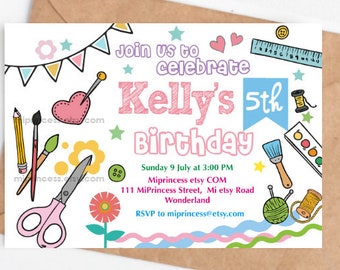 Craft party, girl Birthday Invitation, knitting Arts Crafts Party invitation printable invite, any age  5th 6th 7th 8th 9th card 1600