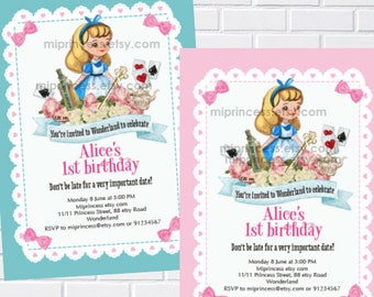 Alice in wonderland, girl birthday, wonderland birthday, alice party, wonderland party, mad hatter party, mad tea party, card 1099