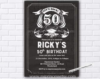 rock Music invitation, rock and roll, adult music, men birthday invite,  for any age 40th 50th 80th 60th, card 889