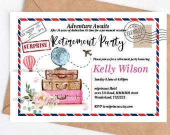 Travel retirement invitation, women retirement invite, Adventure Awaits Retirement party  Surprise party pink Suitcase card 1608