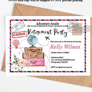 Travel retirement invitation, women retirement invite, Adventure Awaits Retirement party  Surprise party pink Suitcase card 1608