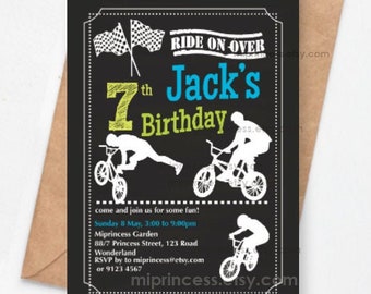 bike party invitation,  boy birthday party bmx  biker birthday invite for any age 4th 5th 8th 9th 10th 11th 13th card 888