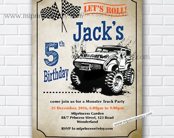 Monster Truck invitation, boy birthday party invite,   Tire Tread truck invitation truck birthday,   card 1012
