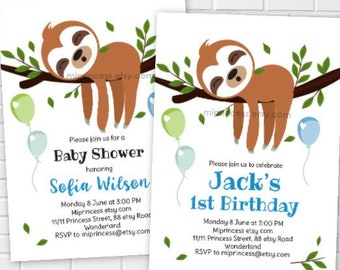 Sloth invitation, boy birthday party, Baby Shower party kids zoo party Sloth Animal Party it's a boy, card 1494