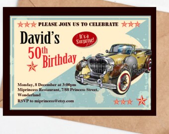 antique car invitation, men birthday party, vintage invitation, man birthday party invitation printable invite, card 212