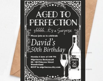 wine invitation, Aged to perfection, men birthday party invitation chalkbaord birthday invitation wine party invite any age, card 203
