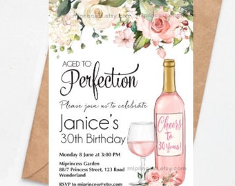 wine invitation, women birthday party, Aged to perfection, floral invite any age , 1513