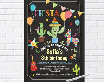 Mexico invitation, fiesta kids birthday party, girl birthday, fiesta cinco de mayo fiesta invite chalkboard invite  - card 1045