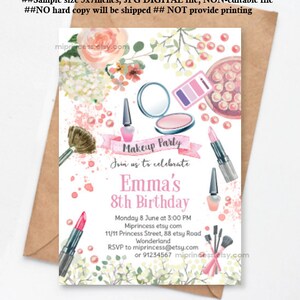 Makeup Glamour invitation girl birthday party spa beauty birthday sleepover party invite for any age 5th 9th 7th 8th 12th 13th,  1172