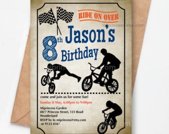 bike party invitation, biker boy birthday party bicycle  invitation bmx birthday invite for any age 4th 5th 8th 9th 10th 11th 13th card 888