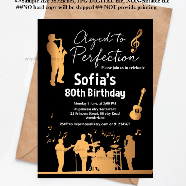 Jazz invitation, adult birthday party invite, aged to perfection jazz music party invitation   any age  30th 40th 45th 50th 60th  card 861