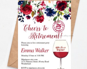 Retirement Invitation Cheers to Retirement retiring Invitation wine Retired  Invitations Retirement red wine digital,  card 1544
