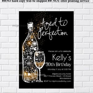 wine invitation, women birthday party invite, aged to perfection surprise invitation glitter wine bottle and wine elegant - card 1113