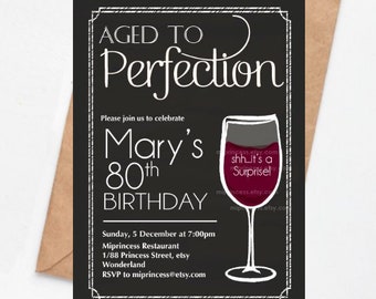 wine invitation  aged to perfection adult birthday party invitation red wine theme chalkbaord   for any ge 30th 40th 50th , card 196