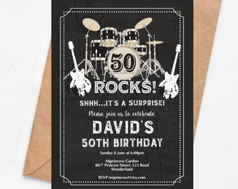 Rock Music invitation , rock and roll men birthday party, chalkboard adult music party rock music  for any age    , 1628