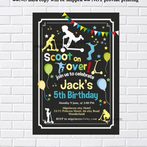 scooter invitation, boy birthday party ,skateboard  invitation, kids party skater party skateboarding party, card 952