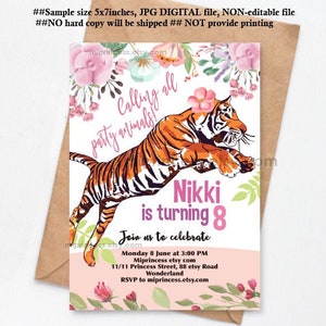 Tiger invitation, girl birthday party invitation, Zoo Party invite   card 1615