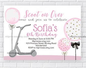 scooter invitation, girl birthday party invite, pink balloon girl scooter skateboard scooter kids skater party , card 1404