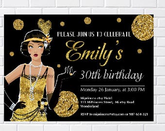 1920 flapper women birthday invitation, gatsby gold color birthday invitation for any age  30th 40th 45th 50th 60th 70th 80th   card 1219