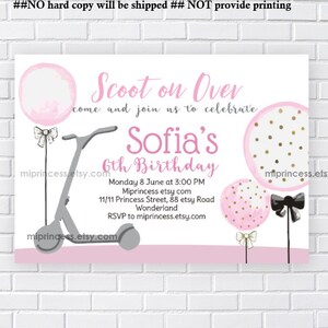 scooter invitation, girl birthday party invite, pink balloon girl scooter skateboard scooter kids skater party , card 1404
