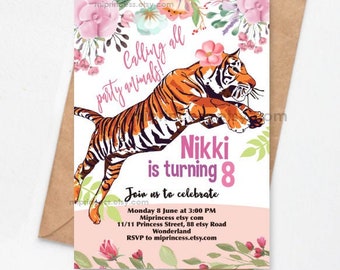 Tiger Birthday Party Invitation: Girl Zoo Animals 1615 (Digital File)
