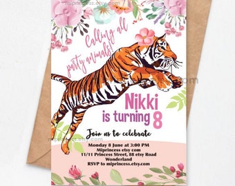 Tiger invitation, girl birthday party invitation, Zoo Party invite   card 1615