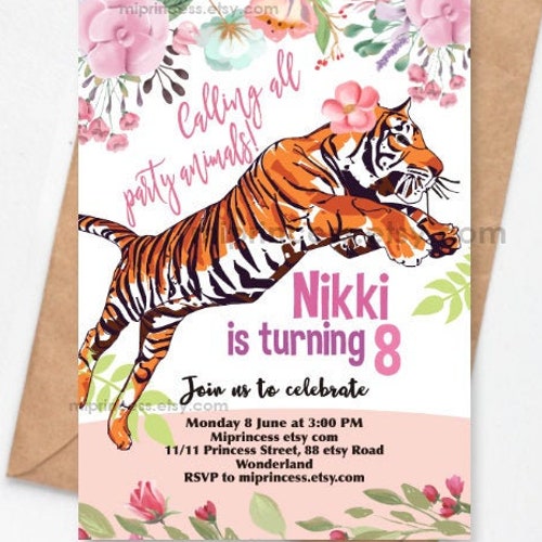 Tiger Invitation Girl Birthday Party Invitation Zoo Party Etsy