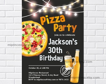 adult pizza party, adult birthday invitation, cheers and beers men party pizza and beers   woman birthday men birthday,  card 1140