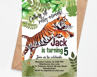 Tiger invitation boy birthday party animal jungle tiger Zoo Birthday Zoo Party   any age 1st 2nd 3rd 4th 5th 6th 7th 8th 9th card 1615