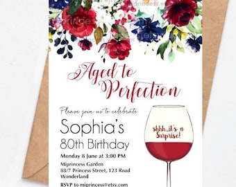 wine birthday invitation Aged to perfection floral theme red wine adult birthday invite any age 30th 50th 45th 60th 80th 90 40th, 1544