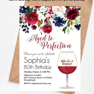 wine birthday invitation Aged to perfection floral theme red wine adult birthday invite any age 30th 50th 45th 60th 80th 90 40th, 1544 image 1