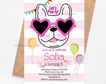 puppy Bulldog invitation dog puppy girl birthday party invitation puppy animal party girl birthday dog party invite, card 1400