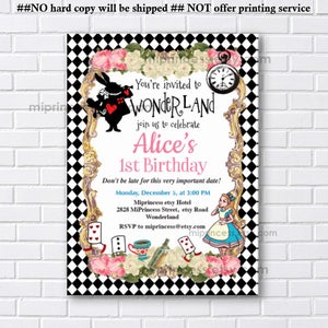 Alice in wonderland invitation girl birthday party onederland invite  card 1178 (digital file)