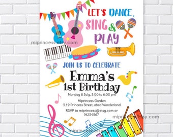 kids music, birthday invitation , piano drum guitar musical instruments  , 1380 (digital file)